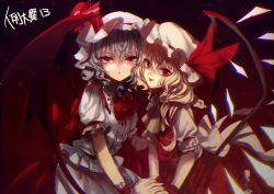 Rule 34 | 2girls, :o, ascot, bad id, bad twitter id, bat wings, bow, brooch, cowboy shot, crystal, flandre scarlet, frilled shirt, frilled shirt collar, frilled sleeves, frills, hat, hat bow, hat ribbon, holding hands, interlocked fingers, jewelry, looking at viewer, mob cap, multiple girls, no-kan, puffy short sleeves, puffy sleeves, red background, red bow, red eyes, red ribbon, remilia scarlet, ribbon, sash, shirt, short hair, short sleeves, siblings, side ponytail, sisters, skirt, skirt set, smile, tongue, tongue out, touhou, wings, wrist cuffs