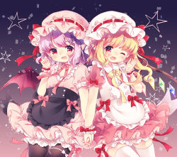 Rule 34 | 2girls, ;d, alternate costume, aogiri sei, apron, arm up, black legwear, blonde hair, bloomers, blouse, commentary request, contrapposto, cowboy shot, curled fingers, enmaided, fang, flandre scarlet, flower, gradient background, hair flower, hair ornament, hat, hat ribbon, holding hands, interlocked fingers, light particles, light purple hair, looking at viewer, maid, mob cap, multiple girls, one eye closed, open hand, open mouth, pantyhose, petticoat, pink neckwear, pink ribbon, pink shirt, pink skirt, pointy ears, puffy short sleeves, puffy sleeves, red eyes, remilia scarlet, ribbon, shirt, short hair, short sleeves, siblings, side ponytail, sisters, skirt, smile, star (symbol), striped clothes, striped headwear, striped shirt, striped skirt, thighhighs, touhou, underwear, waist apron, white legwear, wrist cuffs, yellow neckwear, yellow ribbon