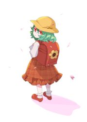 Rule 34 | 1girl, aged down, backpack, bag, cherry blossoms, falling petals, floral print, green hair, hat, highres, jacket, kazami yuuka, looking at viewer, looking back, petals, plaid, plaid jacket, plaid skirt, red bag, red eyes, red jacket, red skirt, shirt, short hair, skirt, solo, tohoyuukarin, touhou, white background, white shirt, yellow hat