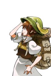 Rule 34 | 1girl, backpack, bag, brown hair, brown vest, closed mouth, crossed bangs, dress, from side, green hat, grey eyes, hand on own hip, hat, hat feather, himukai yuusuke, octopath traveler, octopath traveler i, puffy short sleeves, puffy sleeves, short sleeves, simple background, smile, solo, tressa (octopath traveler), vest, white background, white dress