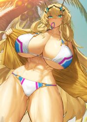 Rule 34 | 1girl, abs, barghest (fate), bikini, bikini under clothes, blonde hair, blush, breasts, cleavage, closed mouth, collarbone, cowboy shot, curvy, eyebrows hidden by hair, eyeshadow, fate/grand order, fate (series), from below, green eyes, groin, hairband in mouth, heterochromia, horns, huge breasts, jacket, long hair, looking at viewer, makeup, melon22, muscular, muscular female, muscular legs, navel, official art, open clothes, open jacket, outdoors, palm tree, sidelocks, solo, standing, strap gap, swimsuit, thick thighs, thighs, tree, undressing, very long hair
