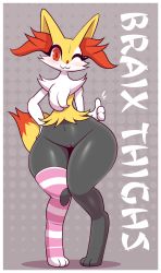 Rule 34 | 1girl, :3, animal ears, blush, braixen, cleft of venus, creatures (company), eyelashes, fox ears, fox tail, fur trim, furry, game freak, gen 6 pokemon, grey background, hand on own hip, highres, looking at viewer, narrow waist, navel, nintendo, nude, one eye closed, pokemon, pokemon (creature), polka dot, polka dot background, pussy, r-mk, red eyes, smile, standing, striped legwear, tail, thick thighs, thighs, thumbs up, torn clothes, torn legwear, uncensored, wide hips, wink
