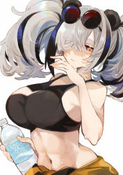 Rule 34 | 1girl, aaoshigatoutoi, absurdres, arknights, bare arms, bare shoulders, black hair, bottle, breasts, brown eyes, commentary, crop top, eyewear on head, feater (arknights), feater (dojo star) (arknights), grey hair, hair over one eye, hand up, highres, large breasts, looking at viewer, midriff, multicolored hair, navel, official alternate costume, simple background, sports bra, stomach, streaked hair, sunglasses, sweat, twintails, upper body, water bottle, white background