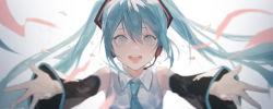 Rule 34 | 1girl, :d, absurdres, aqua hair, aqua necktie, black sleeves, blue eyes, chinese commentary, collared shirt, commentary, detached sleeves, floating hair, hair between eyes, hair ornament, hatsune miku, headset, highres, long hair, looking at viewer, mirandarin, necktie, open hands, open mouth, outstretched arms, shirt, sleeveless, sleeveless shirt, smile, solo, teeth, twintails, upper body, upper teeth only, vocaloid, white shirt, wide sleeves