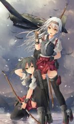 Rule 34 | 10s, 2girls, aircraft, airplane, bow (weapon), brown eyes, hairband, headband, highres, japanese clothes, jenson tw, kantai collection, long hair, multiple girls, muneate, open mouth, shoukaku (kancolle), silver hair, skirt, smile, twintails, weapon, zuikaku (kancolle)
