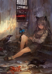 Rule 34 | 1girl, animal ears, bird, blood, blue eyes, bow, cat ears, cat tail, crow, dress, highres, lm7 (op-center), long hair, original, purple hair, sitting, sitting on stairs, solo, stairs, tail, tail bow, tail ornament