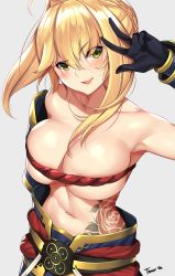 Rule 34 | 10s, 1girl, ahoge, arm guards, bare shoulders, belt, black gloves, blonde hair, blush, braid, breasts, cleavage, collarbone, cosplay, fate/extra, fate/grand order, fate (series), flower tattoo, french braid, gloves, gold trim, green eyes, hair between eyes, hair bun, hair intakes, hand gesture, highres, large breasts, long hair, looking at viewer, navel, nero claudius (fate), nero claudius (fate) (all), nero claudius (fate/extra), open mouth, revealing clothes, rope, sash, simple background, single hair bun, smile, solo, tattoo, tony guisado, w, white background, yan qing (fate), yan qing (fate) (cosplay)