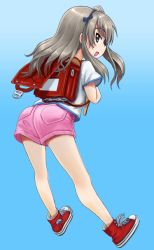 Rule 34 | 10s, 1girl, abazu-red, backpack, bag, blue background, brown eyes, converse, full body, girls und panzer, gradient background, hair ribbon, hairband, leaning forward, light brown hair, long hair, looking at viewer, looking back, open mouth, pink shorts, randoseru, red footwear, ribbon, shimada arisu, shirt, shoes, short shorts, shorts, side ponytail, smile, sneakers, solo, standing, t-shirt, white shirt