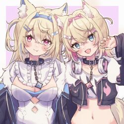 Rule 34 | 2girls, animal ear fluff, animal ears, bandaid, bandaid hair ornament, belt, belt collar, black collar, blonde hair, blue brooch, blue eyes, blue hair, blush, breasts, cleavage, closed mouth, collar, collarbone, cropped shirt, crystal horns, dog ears, dog girl, dog tail, fang, fur-trimmed jacket, fur trim, fuwawa abyssgard, fuwawa abyssgard (1st costume), hair ornament, headband, headphones, headphones around neck, highres, holoadvent, hololive, hololive english, jacket, large breasts, long hair, looking at viewer, midriff, mococo abyssgard, mococo abyssgard (1st costume), multicolored hair, multiple girls, nail polish, navel, open mouth, pink belt, pink brooch, pink eyes, pink hair, pink headband, shishishi, short hair, siblings, sisters, skin fang, streaked hair, tail, twins, virtual youtuber, x hair ornament