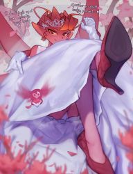 Rule 34 | 1girl, absurdres, bare shoulders, cherry blossoms, colored sclera, colored skin, dark willow, dota (series), dota 2, dress, english text, gloves, grey dress, grey gloves, high heels, highres, looking at viewer, monster girl, pointy ears, red eyes, red footwear, red skin, shoes, short hair, smile, solo, sorapoi, tree, wedding dress, wings