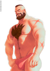 Rule 34 | 1boy, bad id, bad tumblr id, bara, beard, brown hair, bulge, cowboy shot, facial hair, hand on own hip, highres, large pectorals, looking at viewer, male focus, male underwear, mature male, mohawk, muscular, muscular male, mustache, navel, navel hair, nipple hair, nipples, pectorals, randombaradude, red male underwear, scar, scar on arm, scar on shoulder, simple background, smile, solo, sparse arm hair, street fighter, thick beard, thick chest hair, underwear, underwear only, veins, white background, zangief