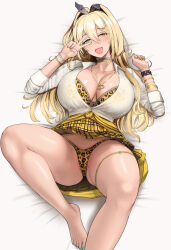 Rule 34 | 1girl, amesuku gyaru, animal print, aqua nails, bare legs, barefoot, black ribbon, blonde hair, bra, bracelet, breasts, breasts apart, cameltoe, choker, clothes around waist, clothes lift, collarbone, crop top, cropped shirt, fang, feet, foot out of frame, goddess of victory: nikke, green eyes, groin, gyaru, hair between eyes, hair ornament, hair ribbon, hairclip, head tilt, huge breasts, jewelry, kogal, legs, leopard print, long sleeves, lying, miyamoto issa, nail polish, necklace, on back, open mouth, panties, ribbon, rupee (nikke), shirt, skirt, skirt lift, solo, sweater, sweater around waist, thigh strap, thighs, toenail polish, toenails, toes, underwear, v, white shirt, wristband, yellow nails, yellow skirt, yellow sweater