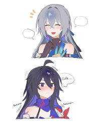 Rule 34 | 2girls, 2koma, ahoge, bare shoulders, black gloves, black hair, blank speech bubble, blue eyes, blush, bronya rand, closed eyes, closed mouth, colored inner hair, comic, commentary, cropped torso, earrings, english text, gloves, grey hair, hair between eyes, highres, honkai: star rail, honkai (series), jewelry, long hair, misaki d3su, multicolored hair, multiple girls, open mouth, purple hair, purple scarf, scarf, seele (honkai: star rail), simple background, single sidelock, smile, speech bubble, symbol-only commentary, twitter username, white background, yuri