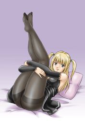 Rule 34 | 00s, 1girl, amane misa, ass, black pantyhose, crotch seam, death note, feet, goth fashion, gothic, hugging own legs, legs together, legs up, lowres, no panties, no shoes, pantyhose, skirt, solo, thighband pantyhose, two side up, uraharukon