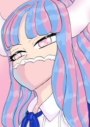 Rule 34 | absurdres, angry, blue hair, breasts, cape, closed eyes, highres, horns, long hair, mask, mouth mask, multicolored hair, neck ribbon, one piece, pink background, purple eyes, ribbon, siblings, solo focus, sorambk, striped, thighs, ulti (one piece), very long hair, white horns