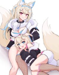 Rule 34 | 2girls, animal ear fluff, animal ears, bandaid, bandaid hair ornament, black collar, black jacket, blonde hair, blue eyes, blue hair, blue headband, breasts, cleavage, closed mouth, collar, dog ears, dog girl, dress, fang, fur-trimmed jacket, fur trim, fuwawa abyssgard, fuwawa abyssgard (1st costume), hair ornament, headband, headphones, headphones around neck, highres, holoadvent, hololive, hololive english, jacket, large breasts, long hair, long sleeves, mococo abyssgard, mococo abyssgard (1st costume), multicolored hair, multiple girls, open clothes, open jacket, open mouth, pink eyes, pink hair, pink headband, shorts, siblings, sisters, skin fang, smile, streaked hair, telomere, twins, virtual youtuber, white background, white dress, white shorts