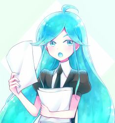 Rule 34 | 1other, ahoge, alexandrite (houseki no kuni), androgynous, blue eyes, blue hair, colored eyelashes, commentary request, crystal hair, gem uniform (houseki no kuni), highres, houseki no kuni, long hair, looking at viewer, necktie, nekotamago, open mouth, paper, solo, upper body