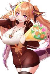 Rule 34 | breasts, camisole, dragon girl, dragon horns, dragon tail, frilled camisole, frills, highres, hololive, hood, hooded track jacket, horns, jacket, kiryu coco, kiryu coco (loungewear), large breasts, long hair, multicolored eyes, orange hair, pipin try, purple eyes, solo, tail, track jacket, twintails, virtual youtuber, white camisole