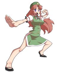 Rule 34 | 1girl, beret, blue eyes, braid, breasts, brown hair, chinese clothes, fighting stance, foreshortening, full body, hair ribbon, hat, hong meiling, long hair, maru-sun, medium breasts, miniskirt, neck ribbon, open mouth, puffy short sleeves, puffy sleeves, red hair, ribbon, shoes, short sleeves, side slit, simple background, skirt, solo, standing, star (symbol), touhou, tress ribbon, twin braids, white background