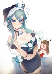 Rule 34 | &gt;:o, 2girls, :d, :o, ^ ^, absurdres, antlers, aqua hair, bad id, bad pixiv id, bare arms, bare shoulders, bell, black dress, black hat, black neckwear, black santa costume, blue eyes, blush, breasts, brown hair, choker, christmas, cleavage, clenched hands, closed eyes, collarbone, covered erect nipples, cowboy shot, dress, eyelashes, eyeshadow, female focus, hand up, hands up, hat, hat ribbon, highres, horns, jewelry, large breasts, long hair, looking at viewer, makeup, multiple girls, neck ribbon, necklace, off-shoulder dress, off shoulder, ohisashiburi, open mouth, original, parted lips, red choker, red dress, reindeer antlers, ribbon, santa costume, santa hat, short dress, side slit, sidelocks, simple background, smile, standing, strapless, strapless dress, thigh strap, thighs, uneven eyes, wavy hair, white background