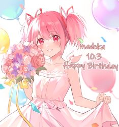 Rule 34 | 1girl, :d, alternate costume, balloon, birthday, blurry, bow, clothes lift, dated, depth of field, dress, dress bow, dress lift, flower, hair ribbon, head tilt, highres, kaname madoka, mahou shoujo madoka magica, mahou shoujo madoka magica (anime), miharu (susgnzjgwdhgqui), open mouth, pink hair, red ribbon, ribbon, short hair, simple background, smile, solo, upper body, white background