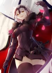 Rule 34 | 1girl, absurdres, arm up, armor, armored dress, black dress, black thighhighs, breastplate, breasts, cape, chain, commentary request, cowboy shot, dress, fate/grand order, fate (series), fur trim, gauntlets, grey background, headpiece, highres, igayan, jeanne d&#039;arc (fate), jeanne d&#039;arc alter (avenger) (fate), jeanne d&#039;arc alter (avenger) (first ascension) (fate), jeanne d&#039;arc alter (fate), looking at viewer, medium breasts, open mouth, petals, scabbard, sheath, sheathed, short hair, silver hair, smile, solo, standing, sword, thighhighs, thighs, weapon, yellow eyes, zettai ryouiki