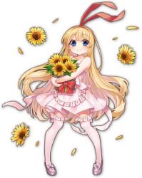 Rule 34 | 1girl, amae koromo, artist request, bag, bare shoulders, blonde hair, blue eyes, bouquet, bow, child, dress, flower, game cg, holding, holding flower, looking at viewer, mahjong soul, official art, petals, pink dress, red bow, saki (manga), simple background, smile, sunflower, thighhighs, third-party source, transparent background, yostar