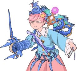 Rule 34 | 1girl, bags under eyes, bandolier, baton, commentary, cowboy shot, crossover, dagger, dragon, frills, gauntlets, granblue fantasy, hairband, heart, knife, komeiji satori, long sleeves, mefomefo, pink eyes, pink hair, short hair, simple background, skirt, solo, staff, sword, tired, touhou, weapon, white background, wide sleeves