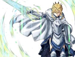 Rule 34 | 1girl, ahoge, armor, armored dress, artoria pendragon (all), artoria pendragon (fate), artoria pendragon (lancer) (fate), bad id, bad pixiv id, blonde hair, braid, breasts, cape, dress, fate/grand order, fate (series), french braid, gauntlets, glowing, glowing weapon, green eyes, highres, holding, holding weapon, lion king (lancer) (fate), long hair, nari, rhongomyniad (fate), saber (fate), solo, teshima nari, weapon