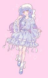 Rule 34 | 1girl, blue dress, blue footwear, blue hair, blush, bow, dress, flower, frilled dress, frilled shirt collar, frilled sleeves, frills, full body, hand up, hat, hat bow, highres, jewelry, juliet sleeves, long hair, long sleeves, looking at viewer, open mouth, original, pink background, plaid, plaid dress, puffy sleeves, purple hair, ribbon, rikuwo, ring, shoes, simple background, socks, solo, sparkle, standing, very long hair, white bow, white hat, white socks, wide sleeves, yellow eyes