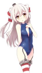 Rule 34 | 10s, 1girl, :o, amatsukaze (kancolle), breasts, brown eyes, cowboy shot, front zipper swimsuit, fuuna, garter straps, hat, kantai collection, long hair, looking at viewer, meme attire, mini hat, one-piece swimsuit, silver hair, small breasts, solo, striped clothes, striped thighhighs, suspenders, swimsuit, thighhighs, two side up, white background