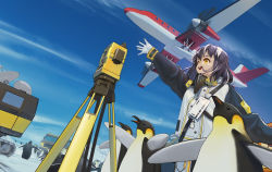 Rule 34 | 1girl, :d, aircraft, airplane, arknights, arm up, bird, black hair, blue sky, chinese commentary, commentary request, day, emperor penguin, gloves, highres, jacket, long sleeves, magallan (arknights), multicolored hair, open mouth, outdoors, penguin, raglan sleeves, satellite dish, short hair, sky, smile, streaked hair, ttk (kirinottk), upper body, white gloves, white hair, white jacket, yellow eyes