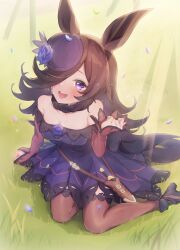 Rule 34 | 1girl, absurdres, animal ears, arm support, back bow, beautifulinsnow, black bow, black footwear, black thighhighs, blue dress, blue flower, blue hat, blue rose, bow, brown hair, clenched hand, crying, crying with eyes open, day, dress, flower, fur collar, grass, hair over one eye, hat, hat flower, highres, horse ears, horse girl, horse tail, lace, lace-trimmed dress, lace-trimmed thighhighs, lace trim, large bow, long hair, long sleeves, looking at viewer, off-shoulder dress, off shoulder, on ground, outdoors, petals, purple eyes, rice shower (umamusume), rose, shoes, short dress, sitting, solo, tail, tears, thighhighs, tilted headwear, umamusume, yokozuwari