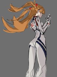 Rule 34 | 1girl, 946083d1, adjusting clothes, ass, back, bodysuit, breasts, brown hair, closed mouth, evangelion: 3.0+1.0 thrice upon a time, eyepatch, grey background, hair ornament, hair over eyes, highres, interface headset, long hair, long sleeves, neon genesis evangelion, plugsuit, rebuild of evangelion, simple background, sketch, skin tight, solo, souryuu asuka langley, turtleneck, twintails, very long hair, wide hips
