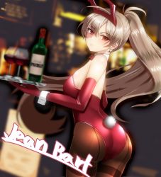 Rule 34 | 1girl, alcohol, animal ears, ass, azur lane, backless leotard, blurry, blurry background, bottle, bow, bowtie, character name, cup, detached collar, drinking glass, elbow gloves, fake animal ears, fake tail, fishnet pantyhose, fishnets, from behind, gloves, high ponytail, holding, holding tray, jean bart (azur lane), kaguya-san (nantyu-erosada), leotard, light brown hair, long hair, looking at viewer, pantyhose, playboy bunny, rabbit ears, rabbit tail, red eyes, red gloves, red leotard, solo, strapless, strapless leotard, tail, thighband pantyhose, tray, very long hair, wine, wine bottle, wine glass, wrist cuffs
