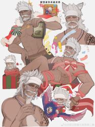 Rule 34 | !?, 1boy, abs, absurdres, animal ears, bara, beard, bird, box, braid, cat boy, cat ears, cat tail, chibi, chibi inset, christmas, cropped torso, dark-skinned male, dark skin, facial hair, facial mark, final fantasy, final fantasy xiv, gift, gift box, gift wrapping, guided petting, headband, highres, hyur, kemonomimi mode, large pectorals, lyon rem helsos, male focus, mature male, muscular, muscular male, mustache, naked ribbon, nipples, notesonlyonpii, old, old man, pectorals, pov, pov hands, ribbon, riding, riding bird, santa costume, scar, scar on face, scar on nose, short hair, side braid, sideburns, single braid, smile, squeans, stomach, stroking beard, tail, topless male, tribal, white headband, yawning
