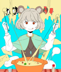 Rule 34 | 3girls, animal ears, apron, black headwear, black skirt, blonde hair, blue background, blue capelet, bow, bowl, braid, brown eyes, capelet, cauliflower, cheese, cup, dot nose, dowsing rod, food, frilled skirt, frills, green hair, grey shirt, hakurei reimu, hat, holding, jewelry, kirisame marisa, licking lips, long sleeves, mouse ears, multiple girls, nazrin, necklace, peptide, philly cheesesteak, red bow, red skirt, salt shaker, sausage, shirt, skirt, tablecloth, tomato, tongue, tongue out, touhou, waist apron, white shirt, witch hat