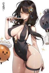 Rule 34 | 1girl, arm behind back, bare arms, bare shoulders, black hair, black leotard, breasts, cameltoe, cleavage, cleft of venus, closed mouth, commission, covered erect nipples, covered navel, cowboy shot, disgust, elsword, eve (2nas) (elsword), eve (elsword), facial mark, fan to mouth, folding fan, frown, gold trim, hair ornament, hair over shoulder, hand fan, hand up, highleg, highleg leotard, highres, holding, holding fan, leotard, long hair, looking at viewer, low twintails, medium breasts, no bra, sabi (ghke4333), second-party source, shaded face, simple background, skindentation, solo, thigh strap, thighs, twintails, white background, yellow eyes