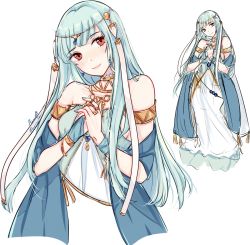 Rule 34 | 1girl, armor, bare shoulders, blue hair, blush, cape, dress, fire emblem, fire emblem: the blazing blade, fire emblem heroes, hair ornament, long hair, looking at viewer, multiple views, nana (mizukas), ninian, nintendo, red eyes, simple background, smile, standing, white background
