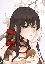 Rule 34 | 1girl, akagi (kancolle), alternate costume, bad id, bad pixiv id, blush, bow, bowtie, breasts, brown eyes, brown hair, dress, face powder, floral background, hair between eyes, kantai collection, large breasts, long hair, looking at viewer, neko (ganecooo), open mouth, powder, solo, straight hair