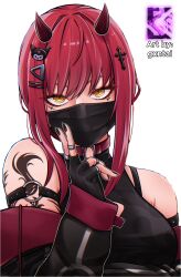 Rule 34 | 1girl, arm tattoo, arm up, black hoodie, breasts, chainsaw man, fingerless gloves, gloves, hair ornament, hairclip, highres, hood, hoodie, horns, jewelry, large breasts, looking at viewer, makima (chainsaw man), mask, mouth mask, onegai my melody, red hair, red horns, red nails, ring, ringed eyes, sanrio, sleeveless, smaspid, solo, tattoo, upper body, yellow eyes