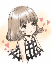 Rule 34 | 1girl, arms at sides, artist name, bare arms, beige background, blunt bangs, bob cut, checkered clothes, checkered dress, child, collarbone, cropped torso, dot nose, dress, expressionless, eyelashes, facing away, green eyes, heart, heart background, kawamoto momo, light blush, light brown hair, long eyelashes, looking afar, parted lips, sangatsu no lion, short hair, simple background, sleeveless, sleeveless dress, solo, sundress, touka (akira nogi), two-tone background, upper body, wavy hair, white background, white dress