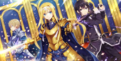 Rule 34 | &gt;:|, 10s, 1girl, 2boys, :|, alice zuberg, armor, belt, black eyes, black hair, blonde hair, blue eyes, breastplate, cape, closed mouth, dutch angle, eugeo, faulds, fighting stance, formal, full armor, gabiran, gauntlets, glowing, gold armor, gorget, green eyes, hairband, holding, holding sword, holding weapon, indoors, jacket, kirito, light particles, long hair, long sleeves, looking at viewer, multiple boys, pants, parted lips, pauldrons, ready to draw, scabbard, serious, sheath, short hair, shoulder armor, sideways glance, sparks, suit, sword, sword art online, two-handed, unsheathing, v-shaped eyebrows, weapon