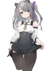 Rule 34 | 1girl, absurdres, animal ears, ash arms, black pantyhose, blush, breasts, cat ears, clothes pull, detached sleeves, fake animal ears, gloves, grey hair, highres, looking at viewer, medium breasts, necktie, pantyhose, panzer ii (ash arms), purple eyes, sh (shinh), simple background, single glove, solo, teasing, thighhighs, white background