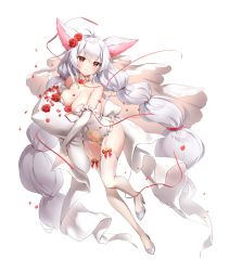 Rule 34 | 1girl, ahoge, animal ears, arm ribbon, back bow, bare shoulders, blush, bow, breast press, breasts, choker, cleavage, closed mouth, clothing cutout, covered navel, elbow gloves, flower, fox ears, frilled choker, frilled leotard, frills, full body, garter straps, gloves, hair flower, hair ornament, heart cutout, high heels, holding, holding pillow, leotard, long hair, looking at viewer, marmoset (marmoset0), multi-tied hair, panilla the revival, petals, pillow, red flower, red ribbon, red rose, ribbon, rose, simple background, skindentation, smile, solo, stiletto heels, strapless, strapless leotard, thighhighs, twintails, unaligned breasts, veil, very long hair, white background, white bow, white footwear, white gloves, white hair, white leotard, white theme, white thighhighs, white veil