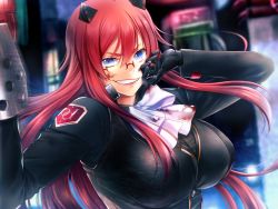 Rule 34 | 1girl, blood, blood on face, blood on clothes, blue eyes, bow, breasts, chainsaw, glasses, gloves, grin, headgear, kibanohara ethica, large breasts, long hair, looking at viewer, red hair, sea (pixiv7374844), smile, solo, tokyo necro, upper body, vest