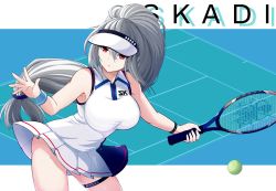 Rule 34 | 1girl, aderi, alternate costume, arknights, ball, bare arms, bare shoulders, breasts, character name, commentary, cowboy shot, hair between eyes, highres, holding, holding racket, large breasts, long hair, low-tied long hair, miniskirt, parted lips, pleated skirt, ponytail, racket, red eyes, shirt, silver hair, skadi (arknights), skirt, sleeveless, sleeveless shirt, solo, sportswear, standing, tennis ball, tennis racket, tennis uniform, thigh strap, thighs, very long hair, visor cap, white shirt, white skirt, wristband