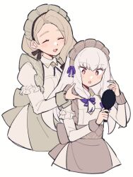 Rule 34 | 2girls, apron, closed eyes, closed mouth, do m kaeru, fire emblem, fire emblem: three houses, fire emblem heroes, hair ribbon, hair tie, hand mirror, holding, holding mirror, light brown hair, long hair, looking at mirror, lysithea von ordelia, lysithea von ordelia (tea party), maid, maid apron, maid headdress, mercedes von martritz, mercedes von martritz (tea party), mirror, multiple girls, nintendo, official alternate costume, official alternate hairstyle, open mouth, purple eyes, ribbon, smile, upper body, white background, white hair