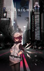Rule 34 | 1girl, arknights, belt, black belt, black gloves, black pantyhose, black skirt, breasts, car, city, cityscape, commentary request, copyright name, cowboy shot, detached wings, expressionless, exusiai (arknights), gloves, halo, hands in pockets, highres, jacket, looking at viewer, miniskirt, motor vehicle, pantyhose, penguin logistics logo, pouch, raglan sleeves, red hair, road, short hair, short sleeves, skirt, small breasts, solo, soukou makura, standing, white jacket, wings, yellow eyes