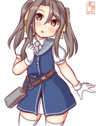 Rule 34 | 1girl, alternate hairstyle, artist logo, belt, blue dress, brown belt, brown eyes, commentary request, contrapposto, cosplay, cowboy shot, dated, dress, gloves, grey hair, grey sailor collar, hair ribbon, head tilt, kanon (kurogane knights), kantai collection, long hair, looking at viewer, necktie, one-hour drawing challenge, ribbon, sailor collar, shirt, simple background, solo, standing, striped necktie, thighhighs, ukuru (kancolle), ukuru (kancolle) (cosplay), white background, white gloves, white shirt, white thighhighs, zuihou (kancolle)